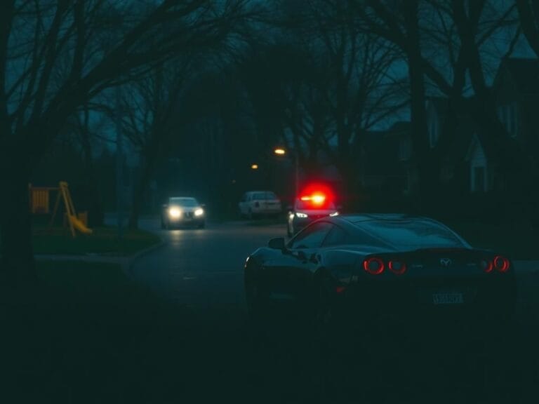 Flick International Dimly lit suburban street with a sleek black sports car and a playground, reflecting tension