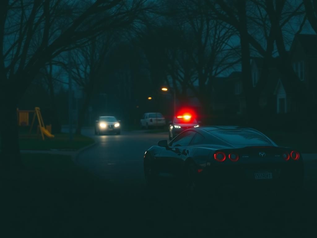 Flick International Dimly lit suburban street with a sleek black sports car and a playground, reflecting tension