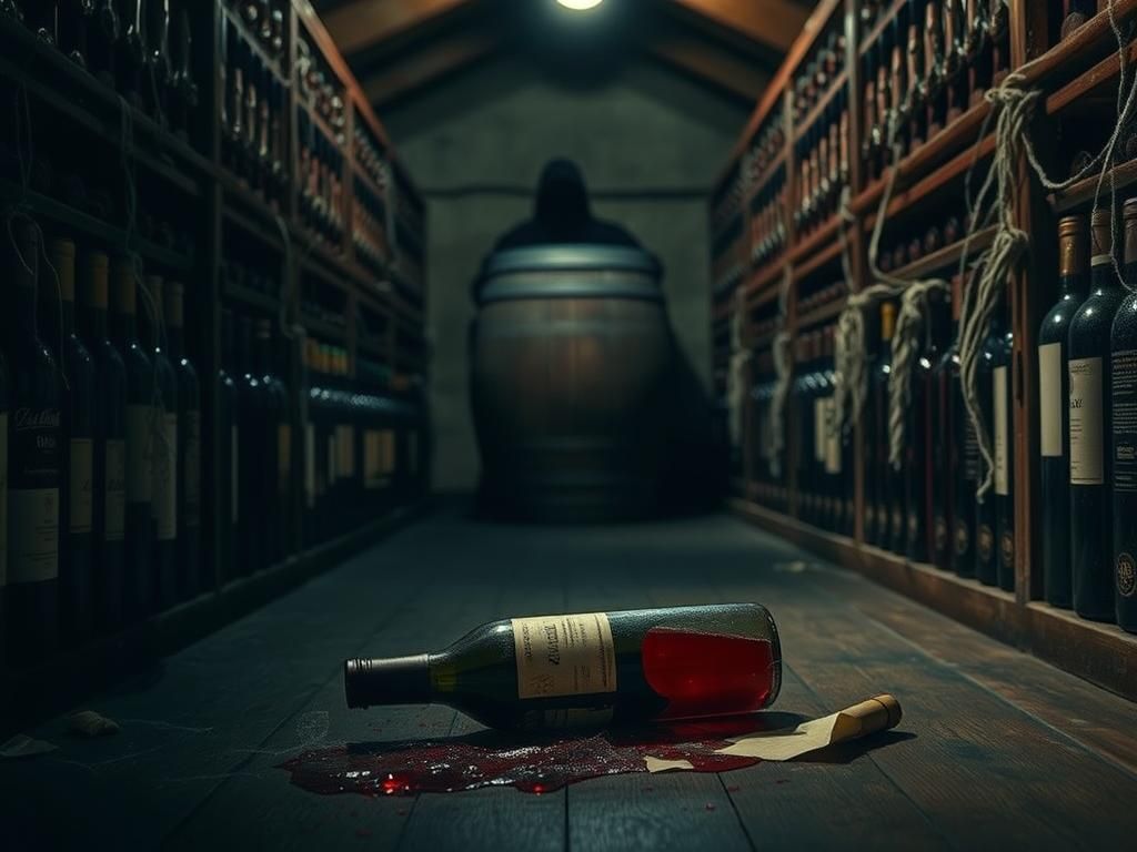 Flick International Dimly lit wine cellar filled with dusty bottles and shattered wine bottle representing fraud and neglect