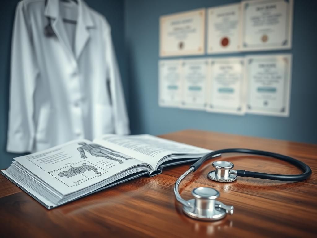 Flick International Close-up of a medical examination room featuring a white coat and anatomy textbook
