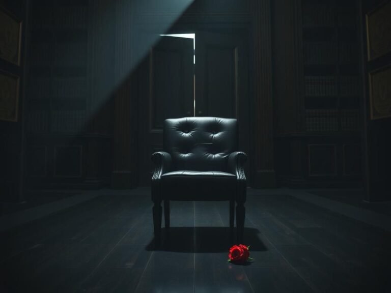 Flick International A dark courtroom scene with a cracked leather chair and a blood-red rose on the floor