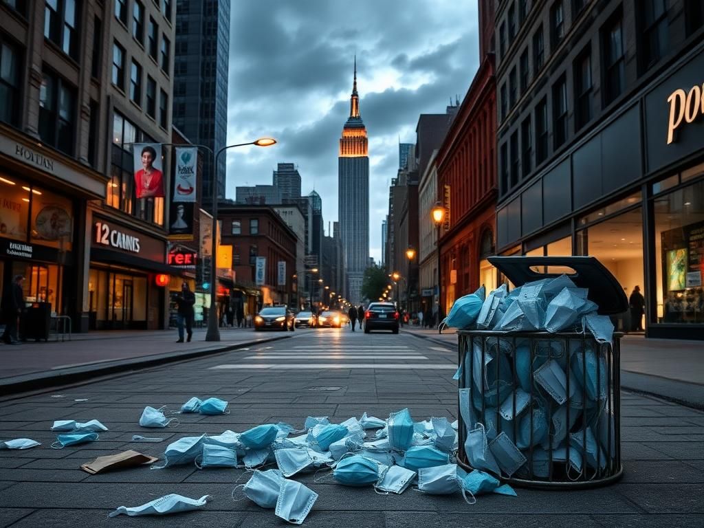 Flick International A collection of discarded face masks on a New York City street pavement