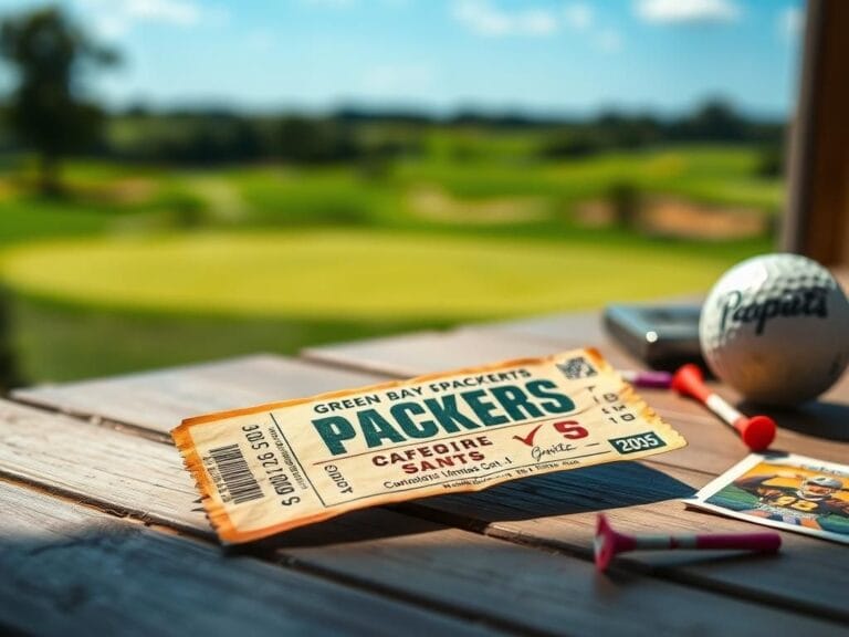 Flick International Close-up of a vintage NFL game ticket from the 2005 Green Bay Packers game against the New Orleans Saints, lying on a wooden table.