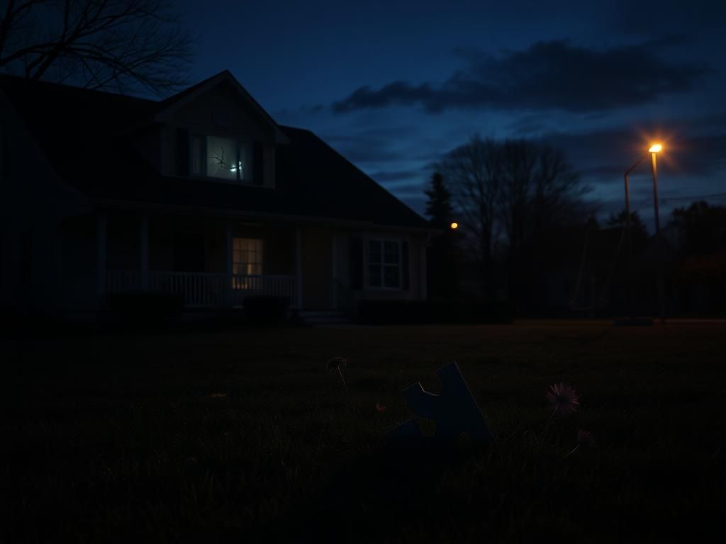 Flick International A dimly lit suburban home with a cracked front window and an overgrown yard, symbolizing disturbance and abandonment