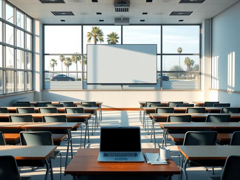 Flick International Empty classroom at California State University, Los Angeles, showcasing a Zoom meeting setup.