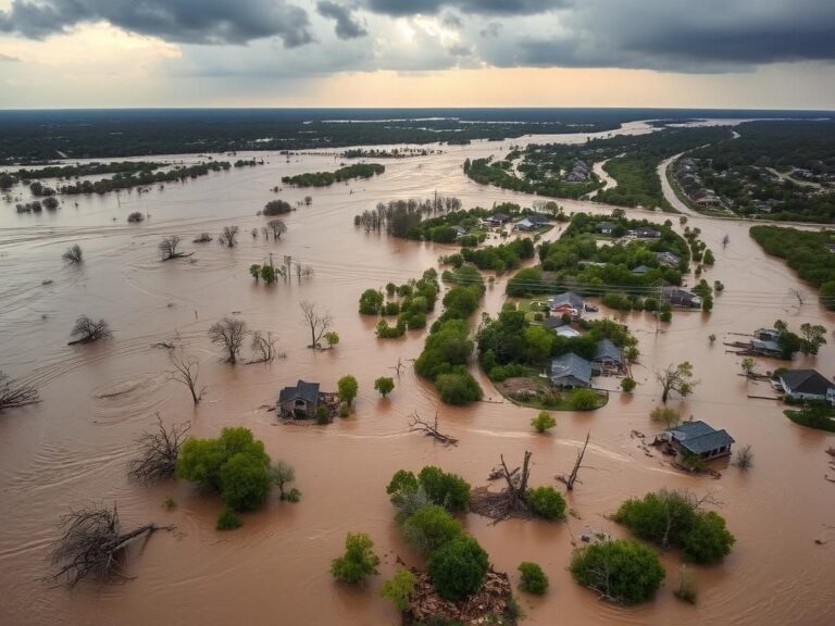 Flick International Aerial view of flood-damaged Texas landscape highlighting the Guadalupe River's overflowing waters