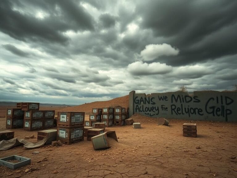 Flick International A barren landscape in Gaza with stacked food supply containers amidst a cracked, dry ground