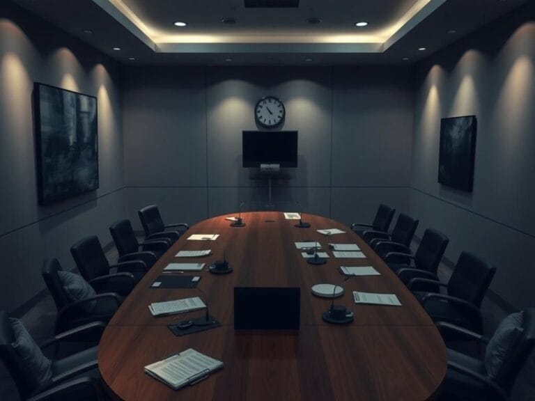 Flick International Dimly lit conference room with a large oval table, symbolizing serious discussions on Biden aide's testimony