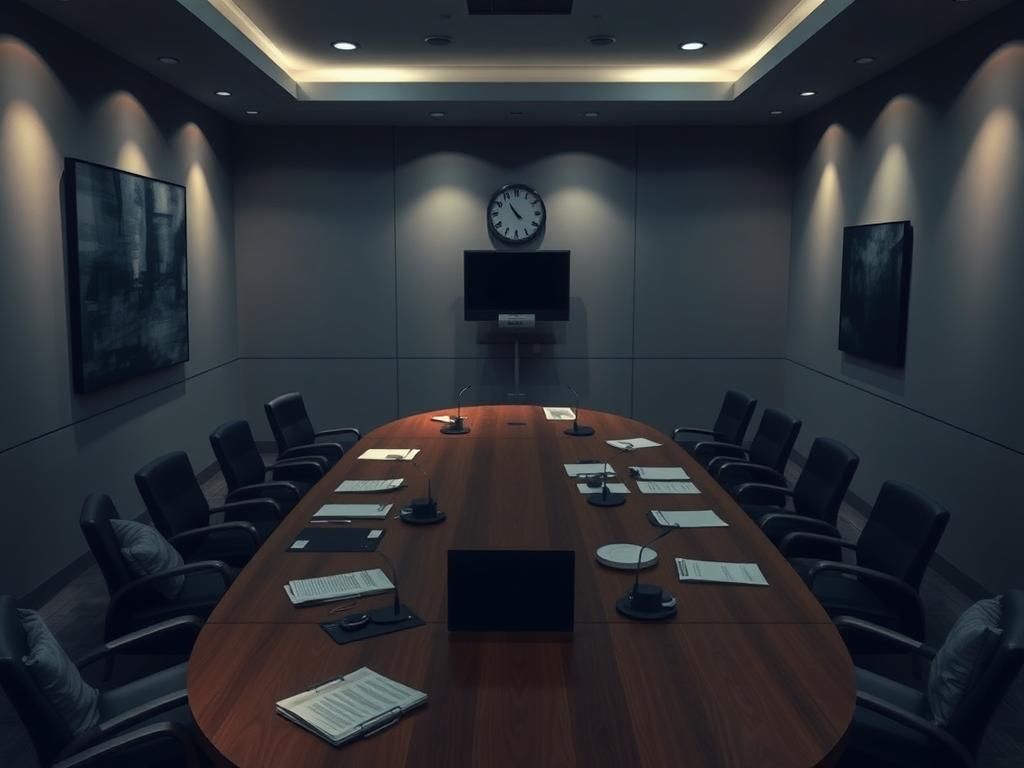 Flick International Dimly lit conference room with a large oval table, symbolizing serious discussions on Biden aide's testimony
