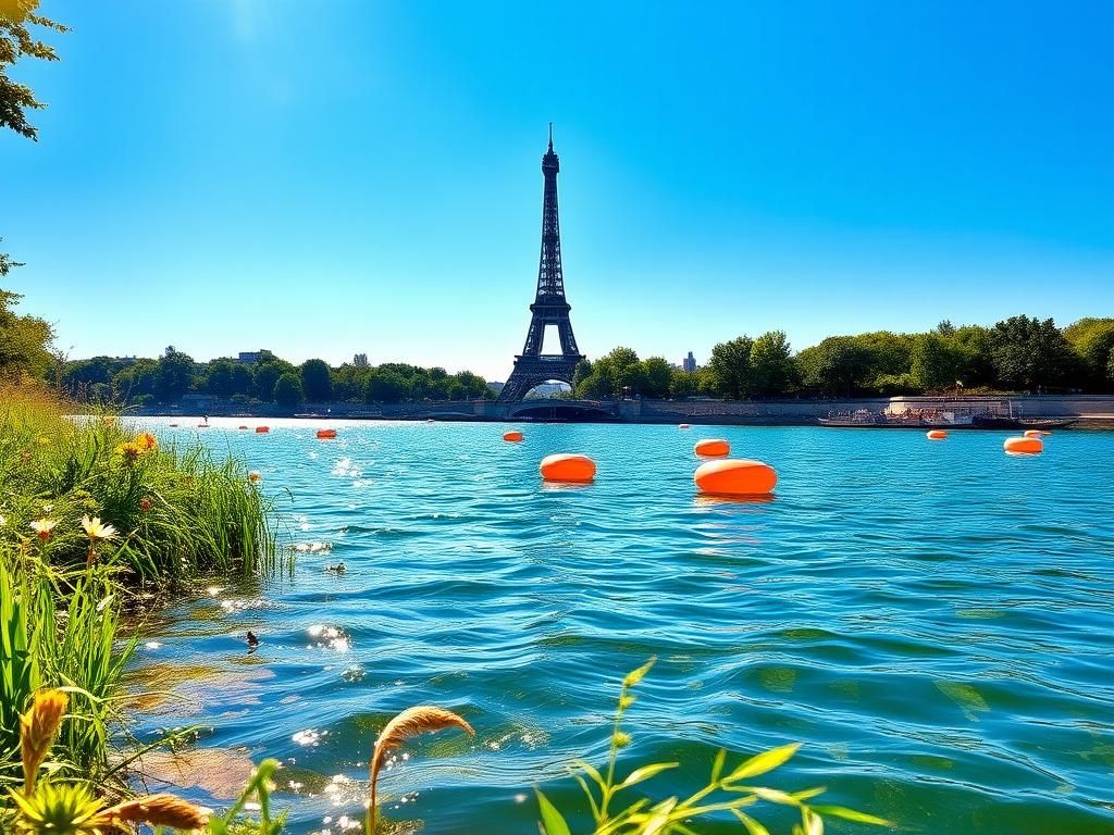 Flick International Scenic view of the Seine River in Paris with swimming areas and the Eiffel Tower