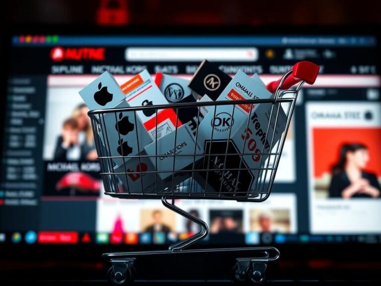 Flick International A digital shopping cart overflowing with counterfeit products against a blurred backdrop of a fake retail website