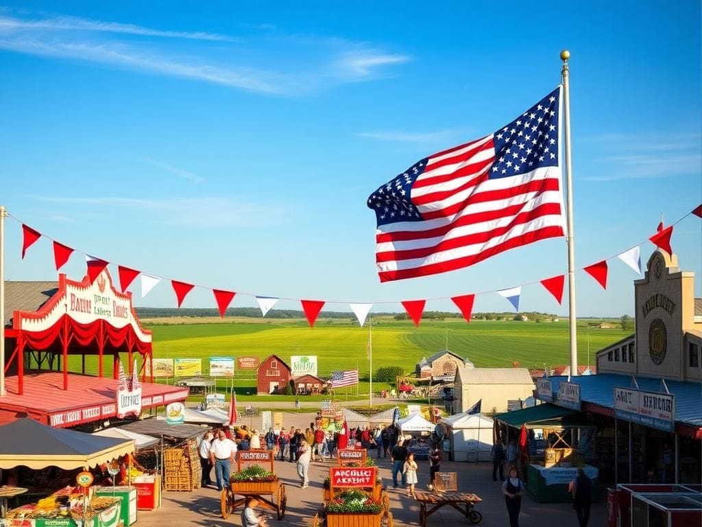 Flick International A large American flag waving at the Iowa State Fairgrounds, decorated in red, white, and blue for America's 250th anniversary celebration.