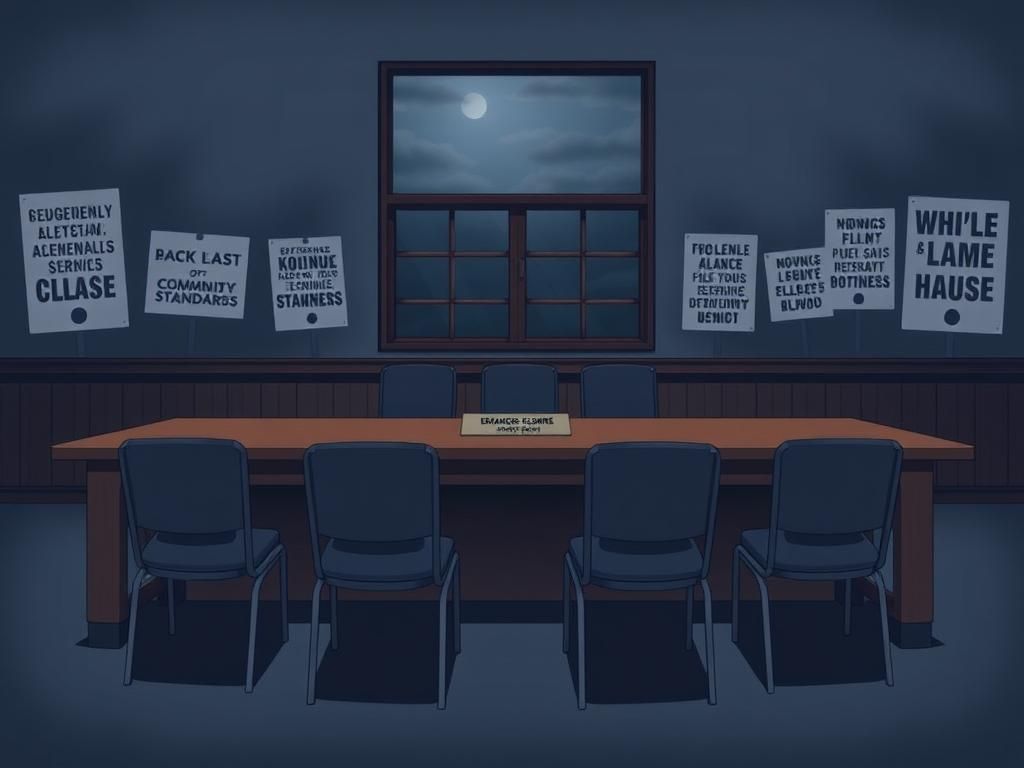 Flick International Conceptual illustration of an empty school boardroom reflecting political controversy