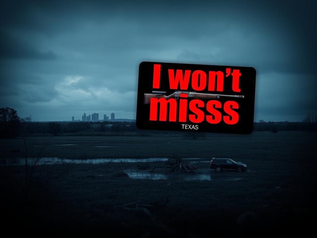 Flick International Darkened Texas landscape with flood damage and ominous social media post graphic