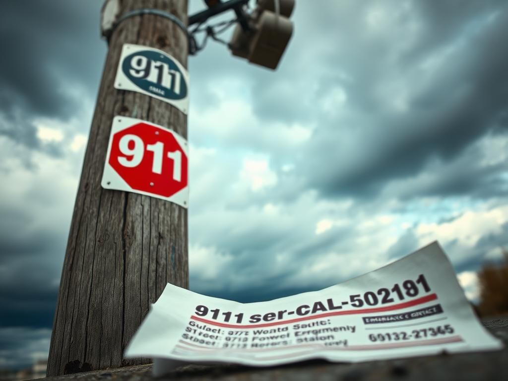 Flick International Close-up of a weathered telephone pole with 911 emergency signage under a cloudy sky