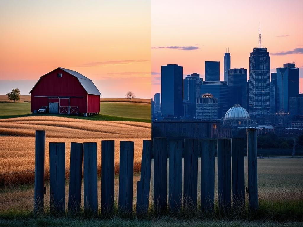 Flick International A split landscape symbolizing political division with serene rural setting and urban skyline