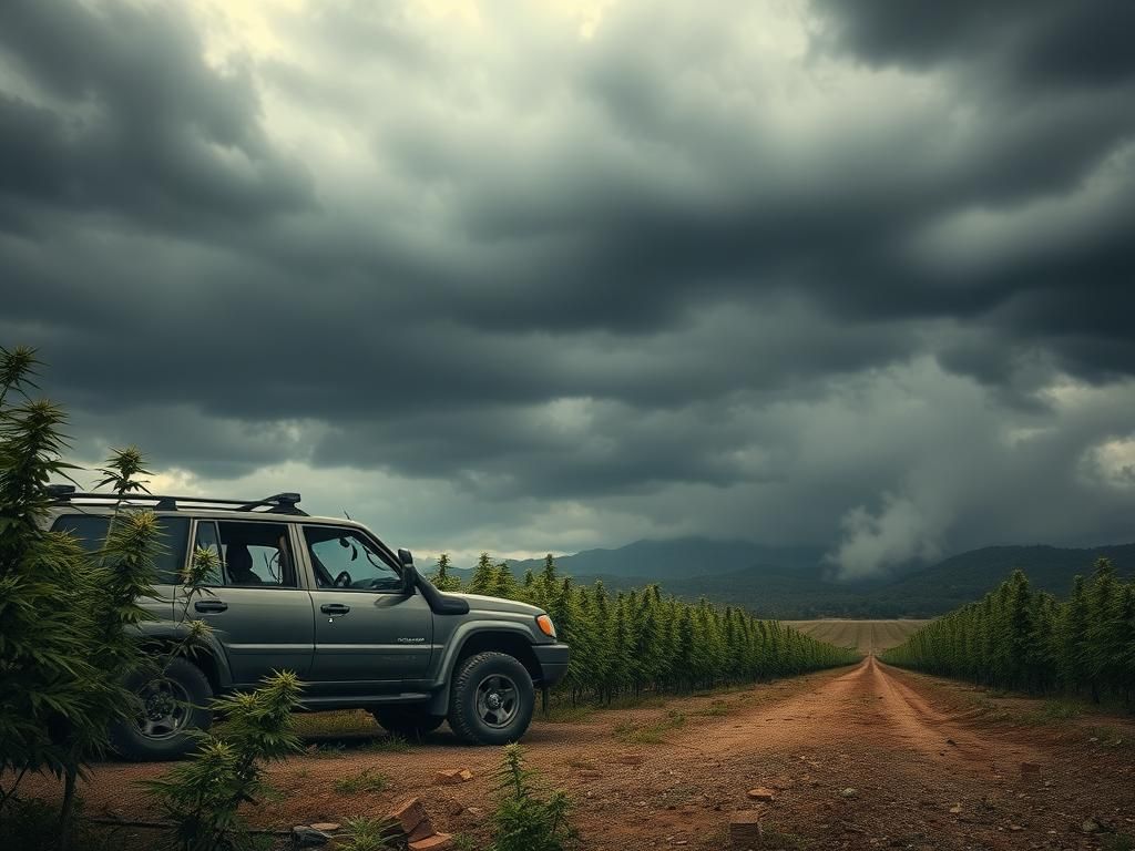 Flick International Dramatic scene of an empty California cannabis farm under a moody, overcast sky