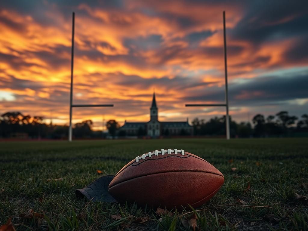 Flick International A desolate football field at dusk with a tattered football in the foreground