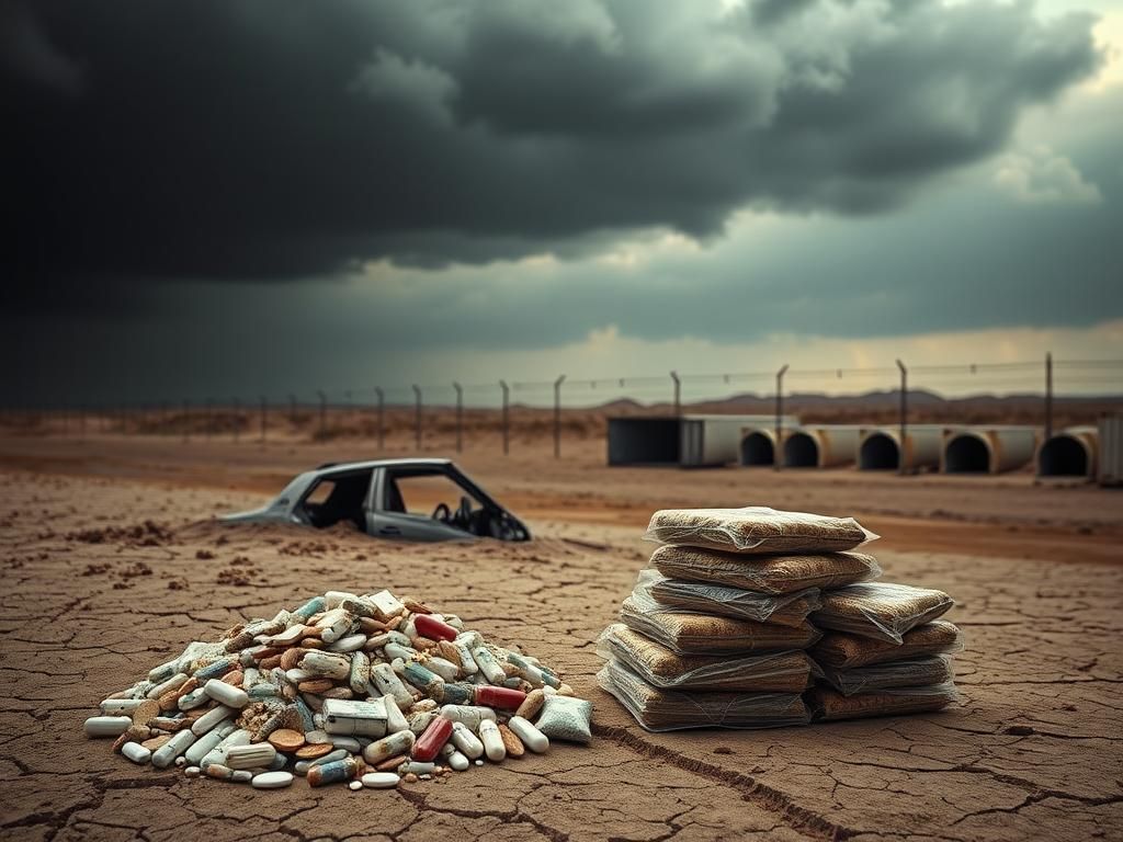 Flick International A barren desert landscape with a broken vehicle and a large stack of illicit drugs symbolizes the ongoing drug trade.