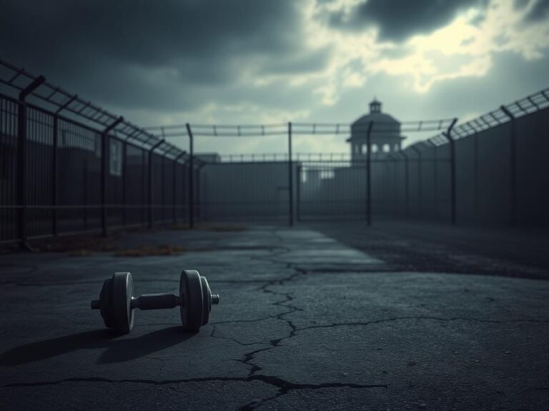 Flick International Dimly lit prison yard with abandoned dumbbells symbolizing confinement fitness routine
