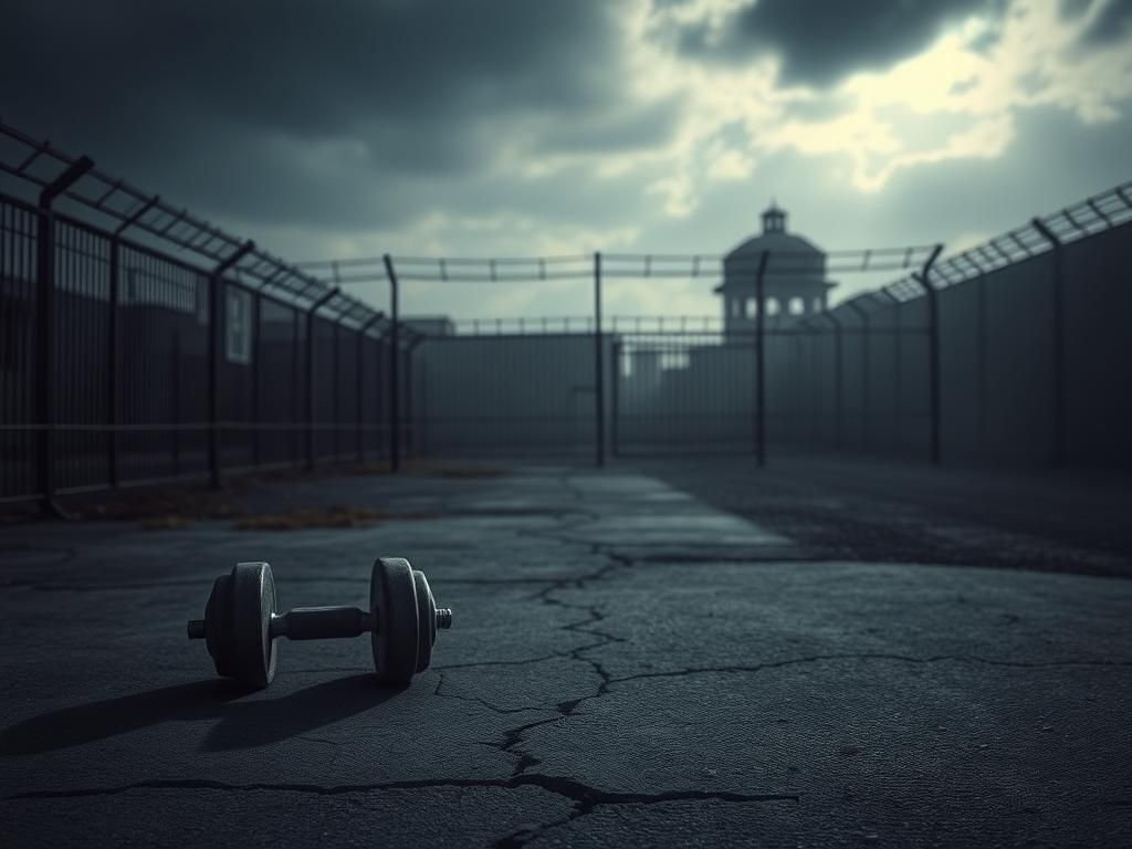 Flick International Dimly lit prison yard with abandoned dumbbells symbolizing confinement fitness routine