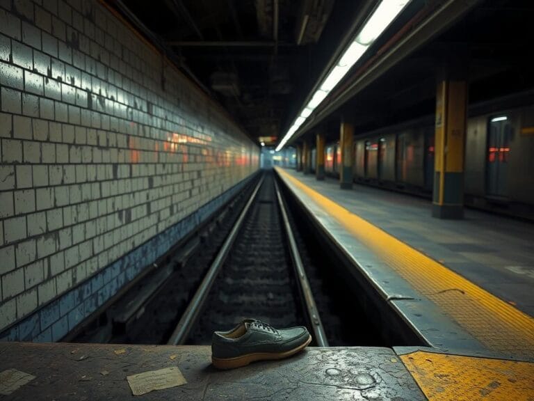 Flick International Damaged subway platform at Parkchester station in the Bronx with an abandoned shoe