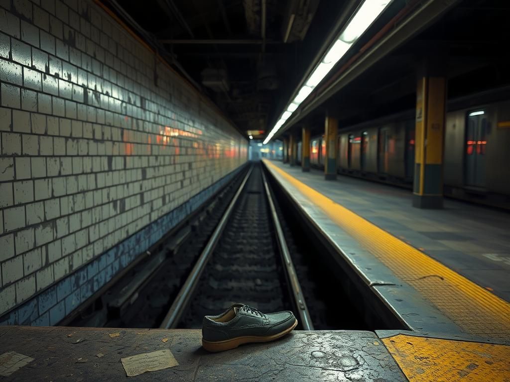Flick International Damaged subway platform at Parkchester station in the Bronx with an abandoned shoe
