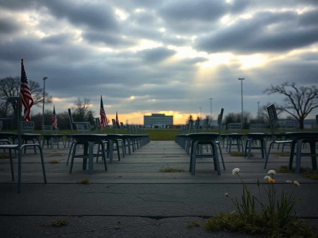Flick International Empty rally site in Butler, Pennsylvania, with scattered chairs and American flags symbolizing a tragic shooting