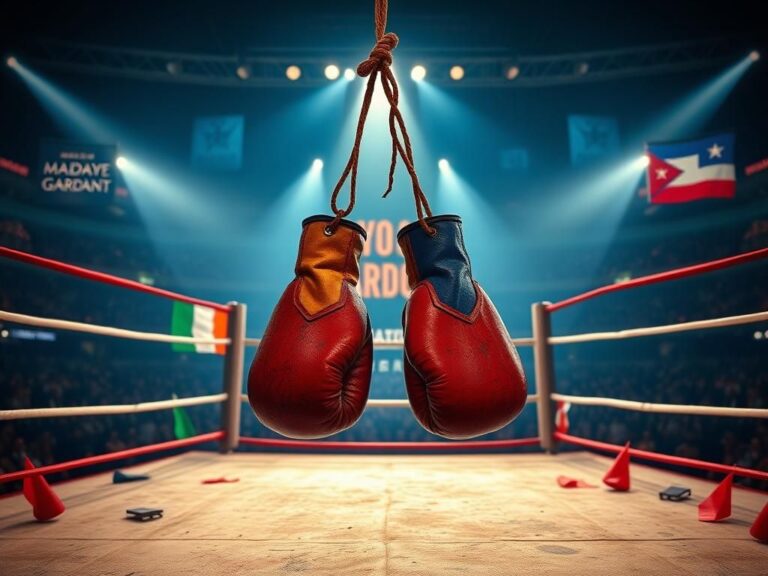 Flick International Vintage boxing gloves hanging in a spotlight, symbolizing the rivalry between Katie Taylor and Amanda Serrano.