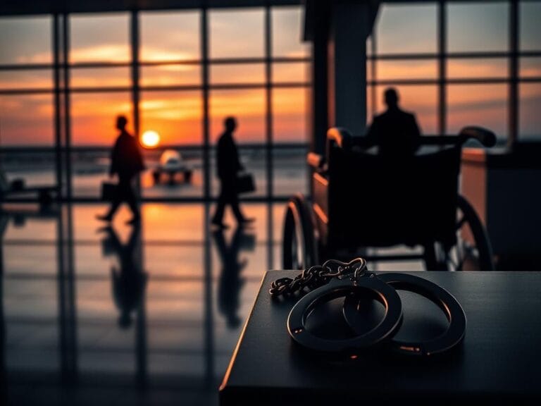 Flick International A deserted airport ticket counter with a transport wheelchair in the foreground during sunset