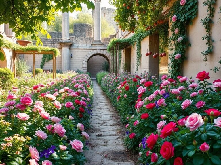 Flick International A vibrant reconstruction of an ancient Roman perfume garden with blooming antique roses and lush greenery