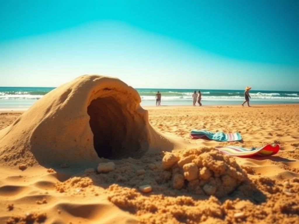 Flick International A serene beach scene with a collapsed sand tunnel emphasizing the tragedy of a family vacation accident.