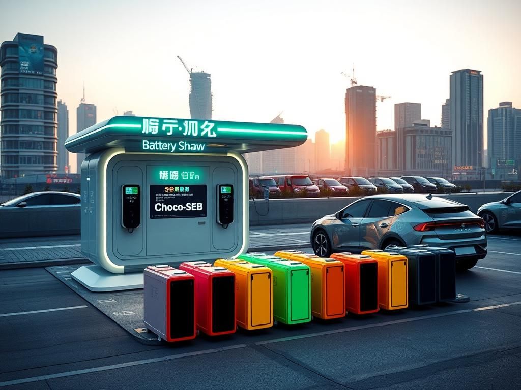 Flick International Futuristic battery swap station in a vibrant Chinese city landscape with illuminated signage
