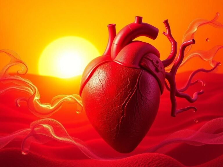 Flick International Close-up of a red heart motif against wavy heat waves symbolizing summer temperature effects on heart health