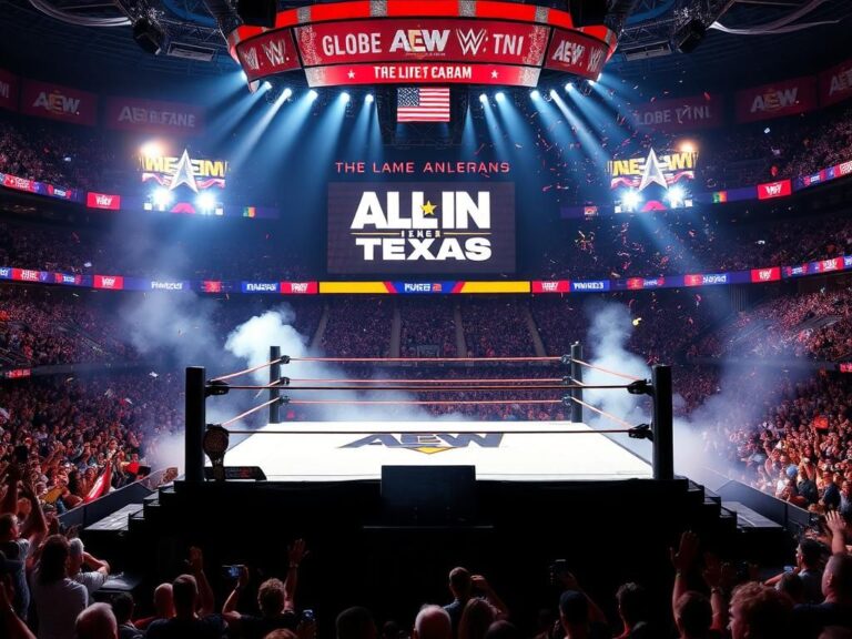 Flick International Wrestling ring with bright lights and AEW logos at All In: Texas event