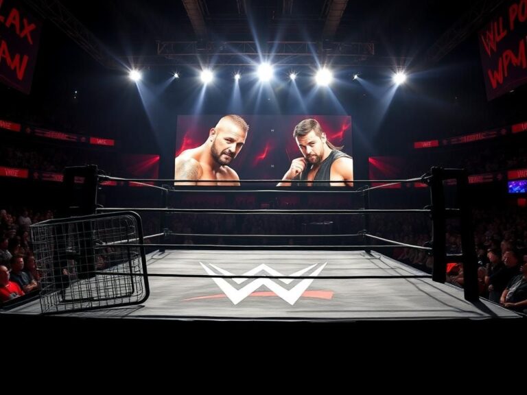 Flick International Wrestling ring with bright overhead lights and an abandoned steel cage