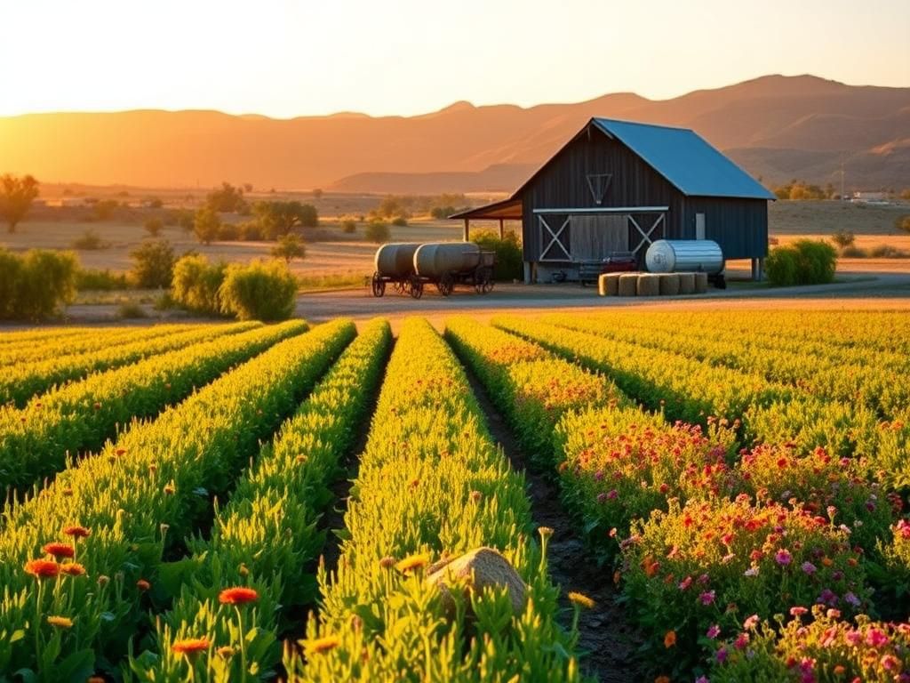 Flick International Lush Arizona family farm landscape under a summer sunset