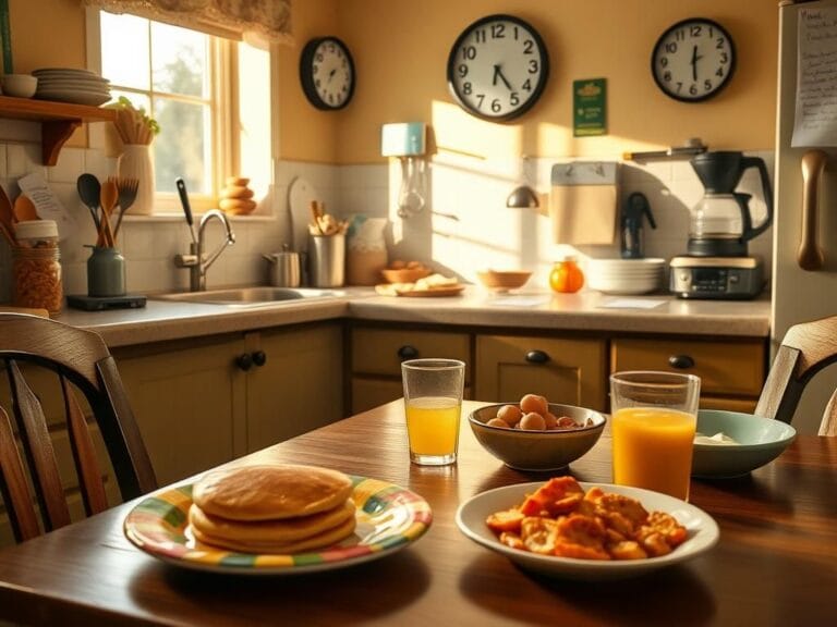 Flick International Cozy kitchen scene featuring an unprepared breakfast table with half-eaten pancakes, eggs, and a bowl of huevos rancheros