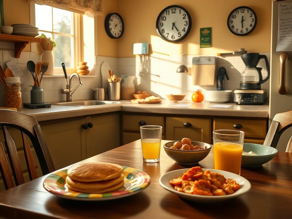 Flick International Cozy kitchen scene featuring an unprepared breakfast table with half-eaten pancakes, eggs, and a bowl of huevos rancheros
