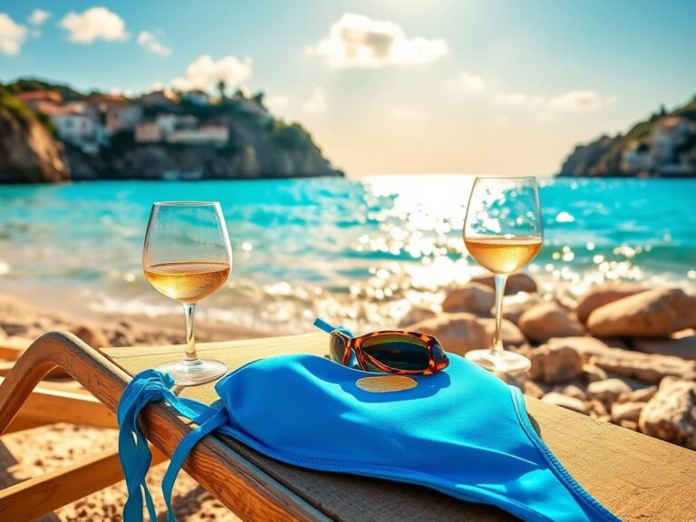 Flick International Vibrant blue bikini draped over a beach chair on a sunny Mediterranean beach