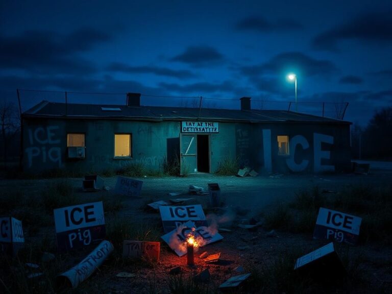 Flick International Abandoned ICE detention facility at dusk with graffiti