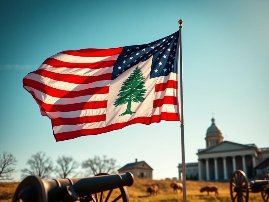 Flick International A striking scene of the American flag and the 'Appeal to Heaven' flag waving in front of a historical building under a clear blue sky.