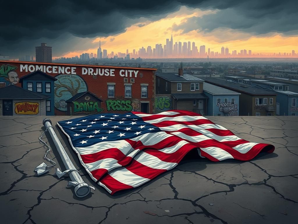 Flick International A shattered American flag on cracked pavement symbolizing national identity complexities