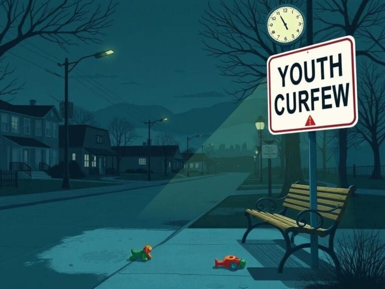 Flick International Dimly lit street scene in military town showcasing 'Youth Curfew' sign
