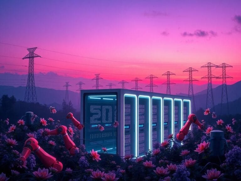 Flick International Futuristic landscape featuring a modern data center and robotic arms intertwined with flowers