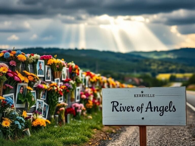 Flick International A vibrant memorial scene in Kerrville featuring colorful flowers and photographs honoring flood victims.