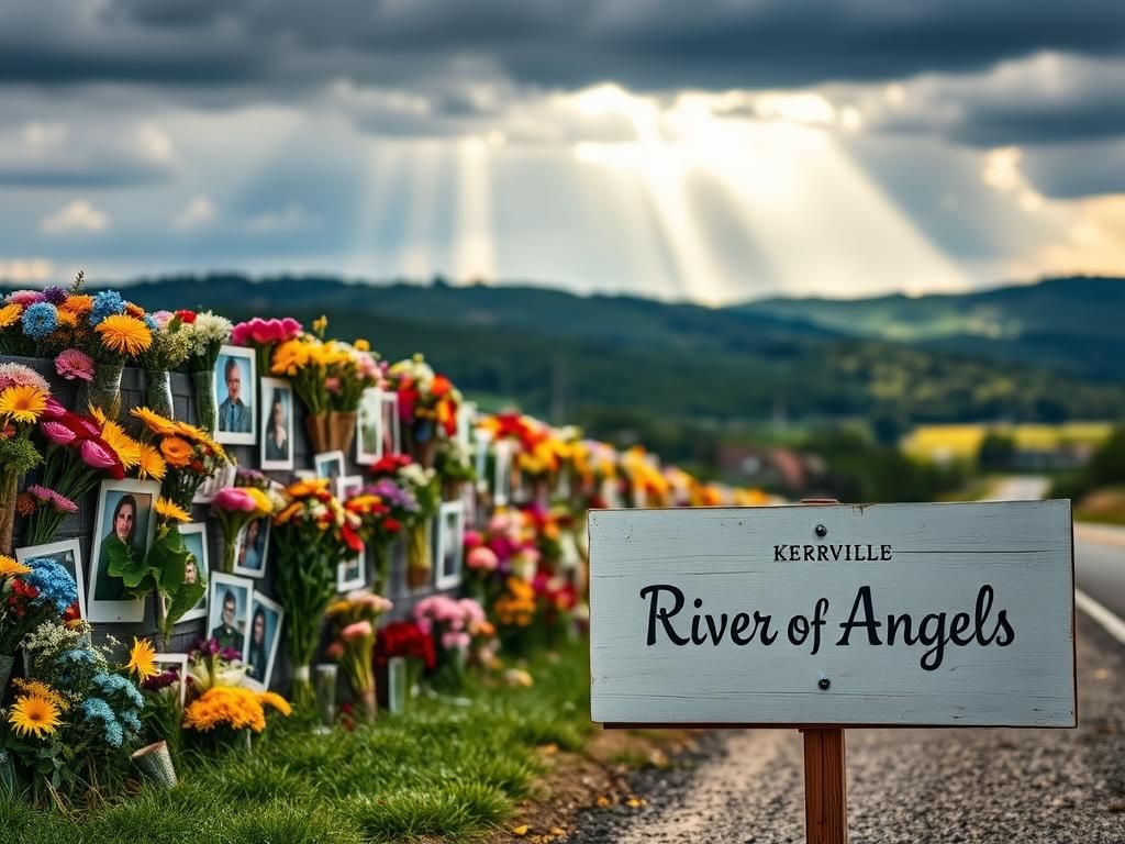 Flick International A vibrant memorial scene in Kerrville featuring colorful flowers and photographs honoring flood victims.