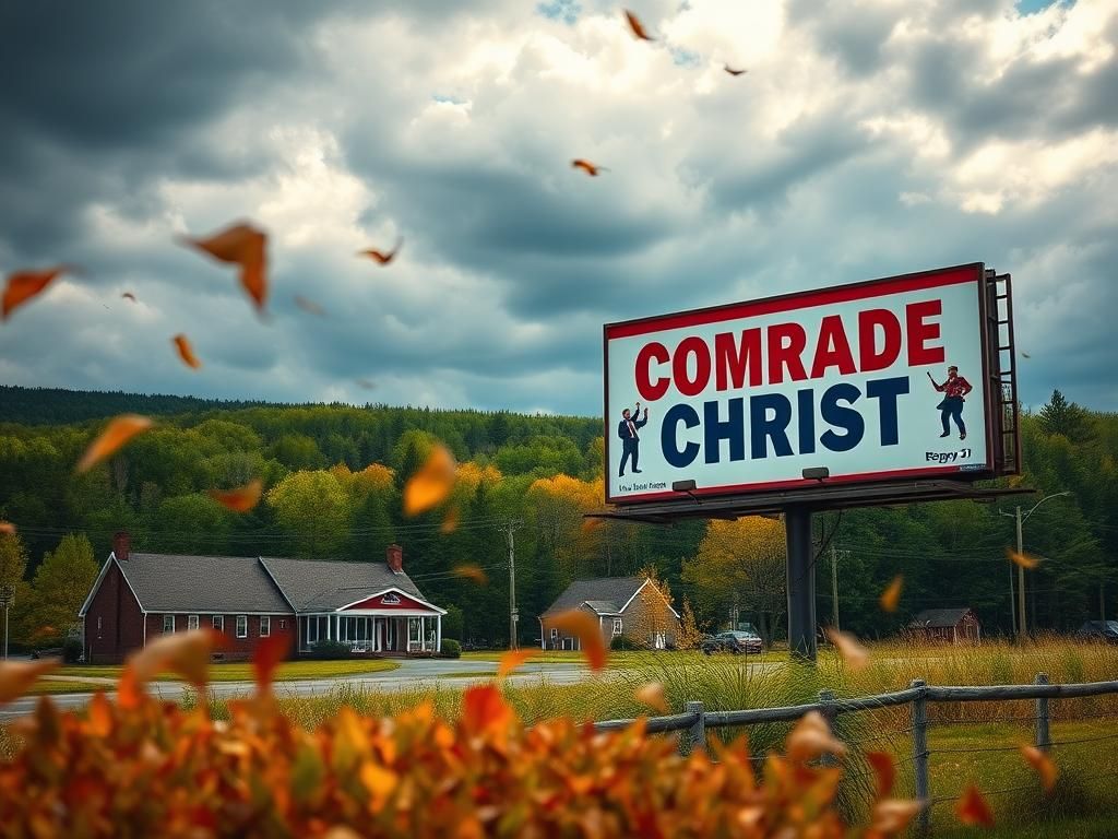 Flick International Vibrant New Hampshire landscape showcasing a political billboard with the words 'Comrade Chris'