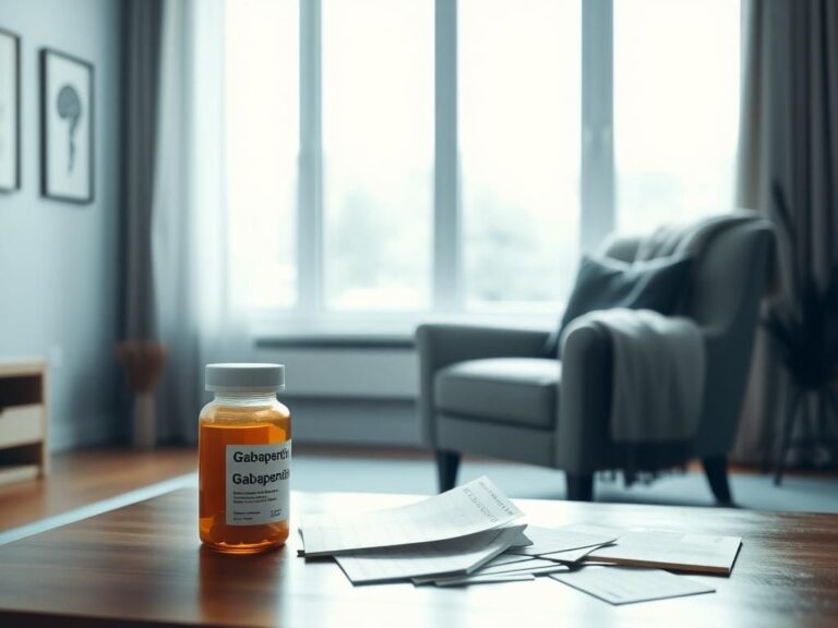 Flick International A serene living room featuring an empty armchair, soft throw blanket, and a prescription bottle labeled Gabapentin, symbolizing the risks related to back pain medication.