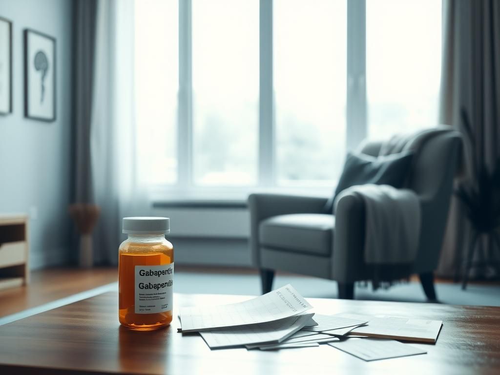 Flick International A serene living room featuring an empty armchair, soft throw blanket, and a prescription bottle labeled Gabapentin, symbolizing the risks related to back pain medication.